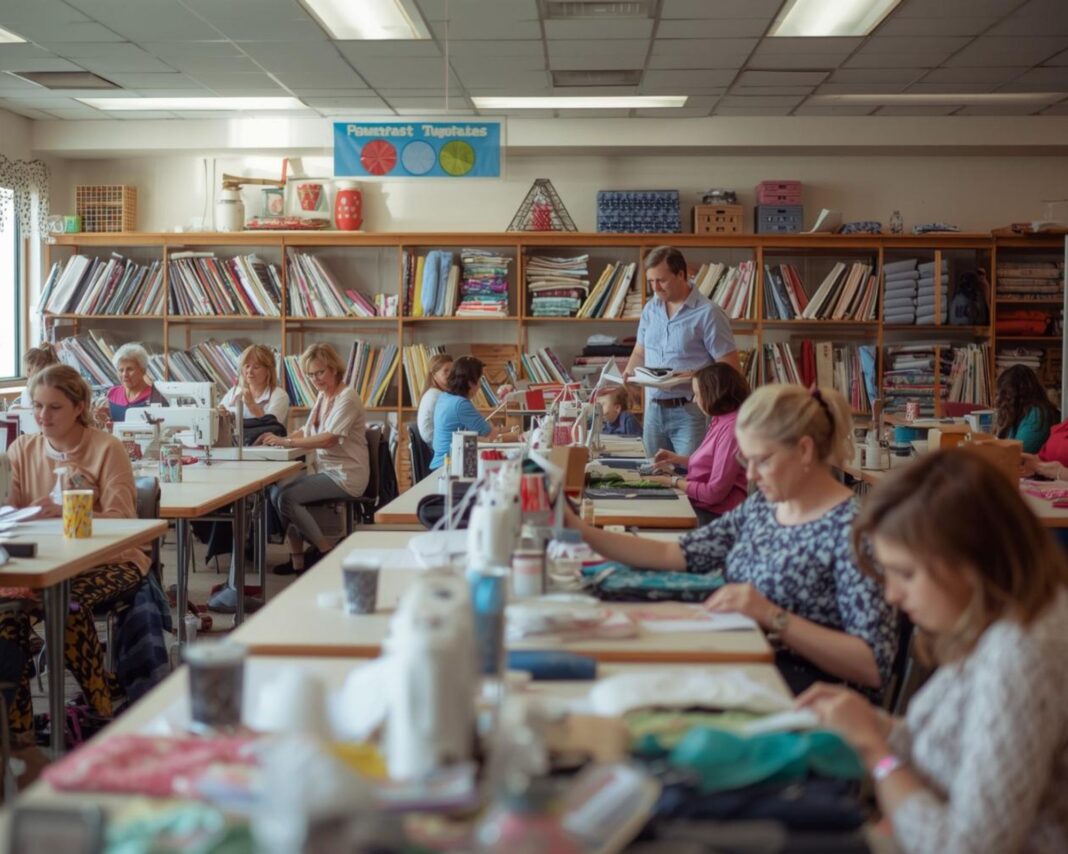 A Homecraft Sewing Centre interior — a sewing class in progress at long tables with machines, fabric bolts visible behind the instructor, students at various skill levels engaged in a project. Warm, community-focused, Australian.