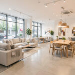 A bright, modern furniture showroom interior with sofas and dining sets on display