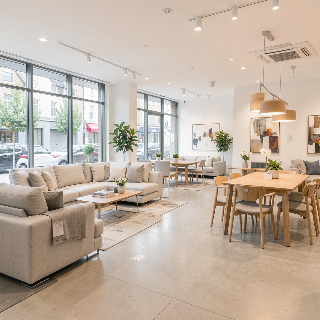 A bright, modern furniture showroom interior with sofas and dining sets on display