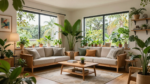 A bright modern living room filled with indoor plants, natural wood furniture, and large windows showcasing biophilic interior design.