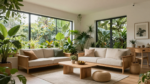 A bright modern living room filled with indoor plants, natural wood furniture, and large windows showcasing biophilic interior design. (1)