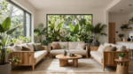 A bright modern living room filled with indoor plants, natural wood furniture, and large windows showcasing biophilic interior design. (2)