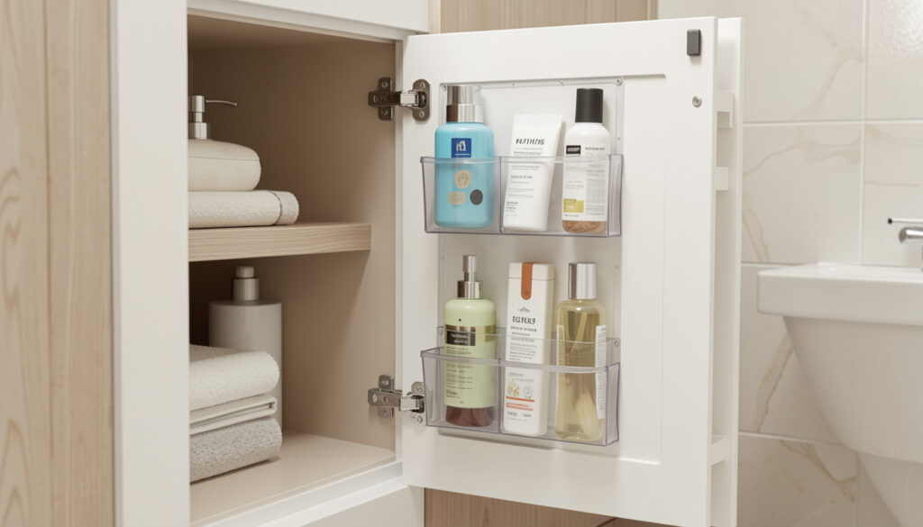 A door-mounted storage rack with clear pockets installed on the inside of a bathroom cabinet door, holding small toiletries.