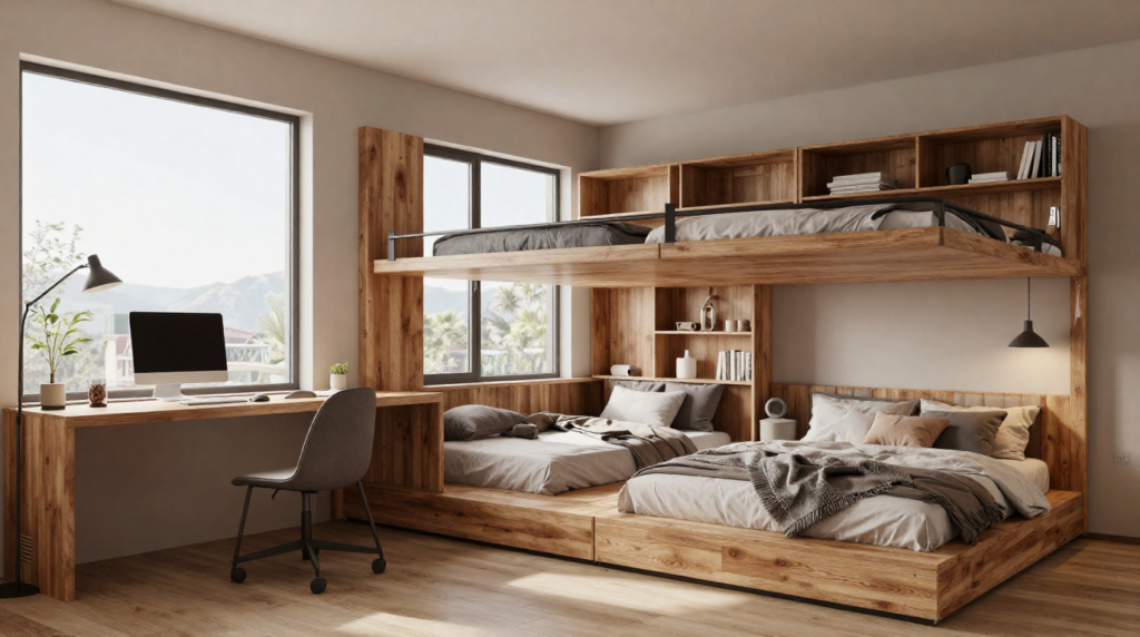A flexible modern home office with modular furniture that converts into a guest bedroom setup.