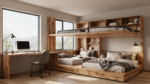 A flexible modern home office with modular furniture that converts into a guest bedroom setup.