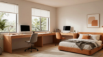 A flexible modern home office with modular furniture that converts into a guest bedroom setup. (2)