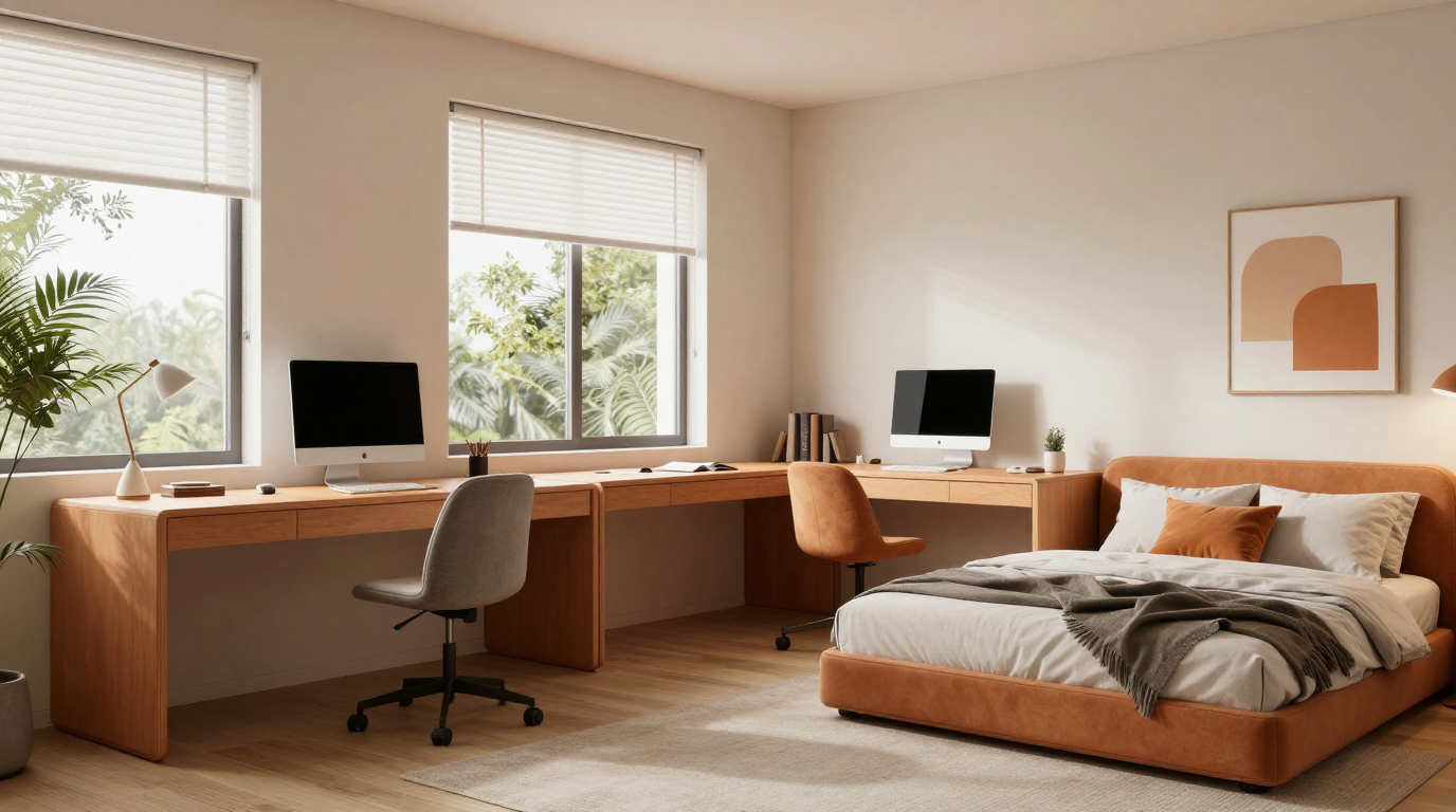A flexible modern home office with modular furniture that converts into a guest bedroom setup.