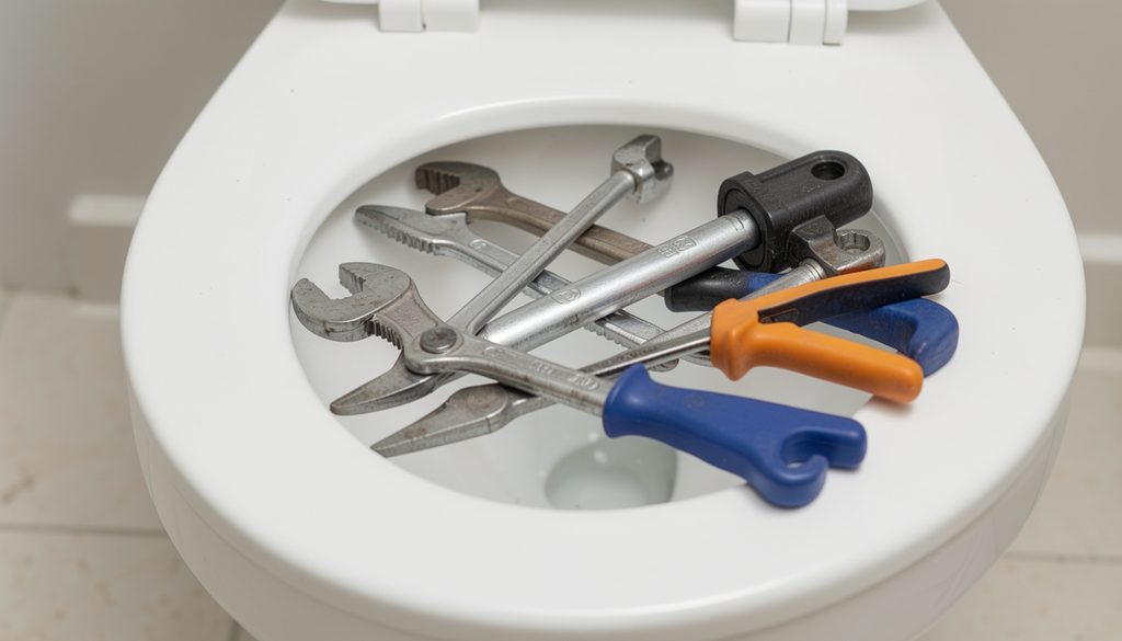 A homeowner inspecting the flapper and fill valve inside an open toilet tank.