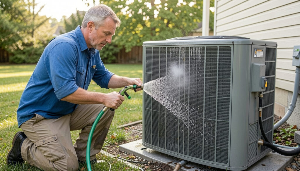  A homeowner rinsing the outdoor coils of a heat pump with a garden hose
