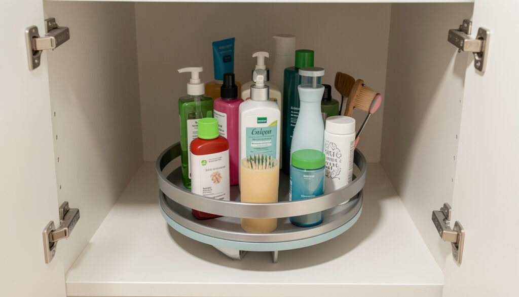 A lazy Susan turntable loaded with bathroom products, positioned inside a deep under-sink cabinet for easy access.