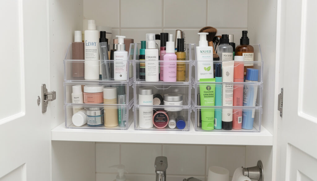 A set of clear, stackable acrylic bins neatly arranged on a bathroom cabinet shelf, filled with skincare and haircare products.