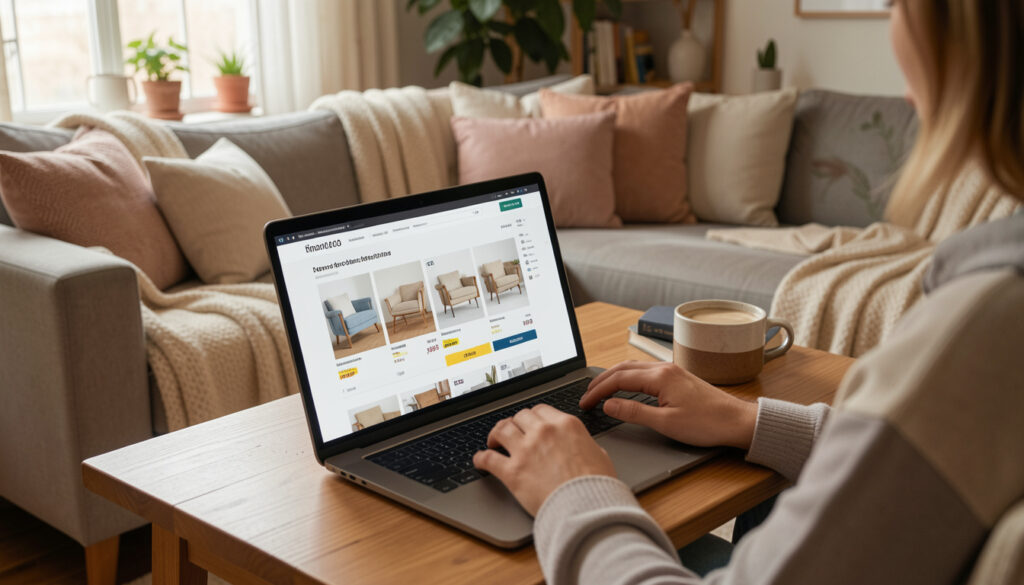 A shopper comparing furniture prices on a laptop with a cosy living room in the background