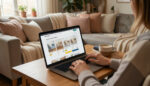 A shopper comparing furniture prices on a laptop with a cosy living room in the background