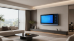 A sleek modern living room with hidden smart home technology, integrated lighting, and minimalist furniture design.