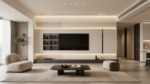 A sleek modern living room with hidden smart home technology, integrated lighting, and minimalist furniture design. (2)