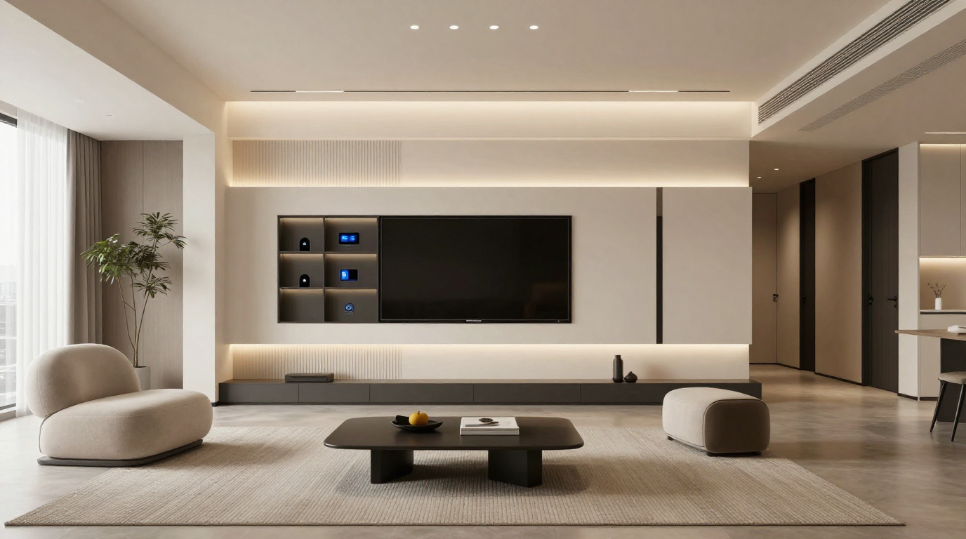 A sleek modern living room with hidden smart home technology, integrated lighting, and minimalist furniture design.