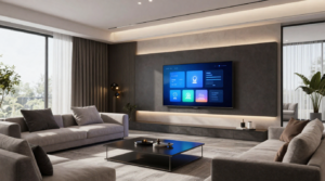 A sleek modern living room with hidden smart home technology, integrated lighting, and minimalist furniture design.