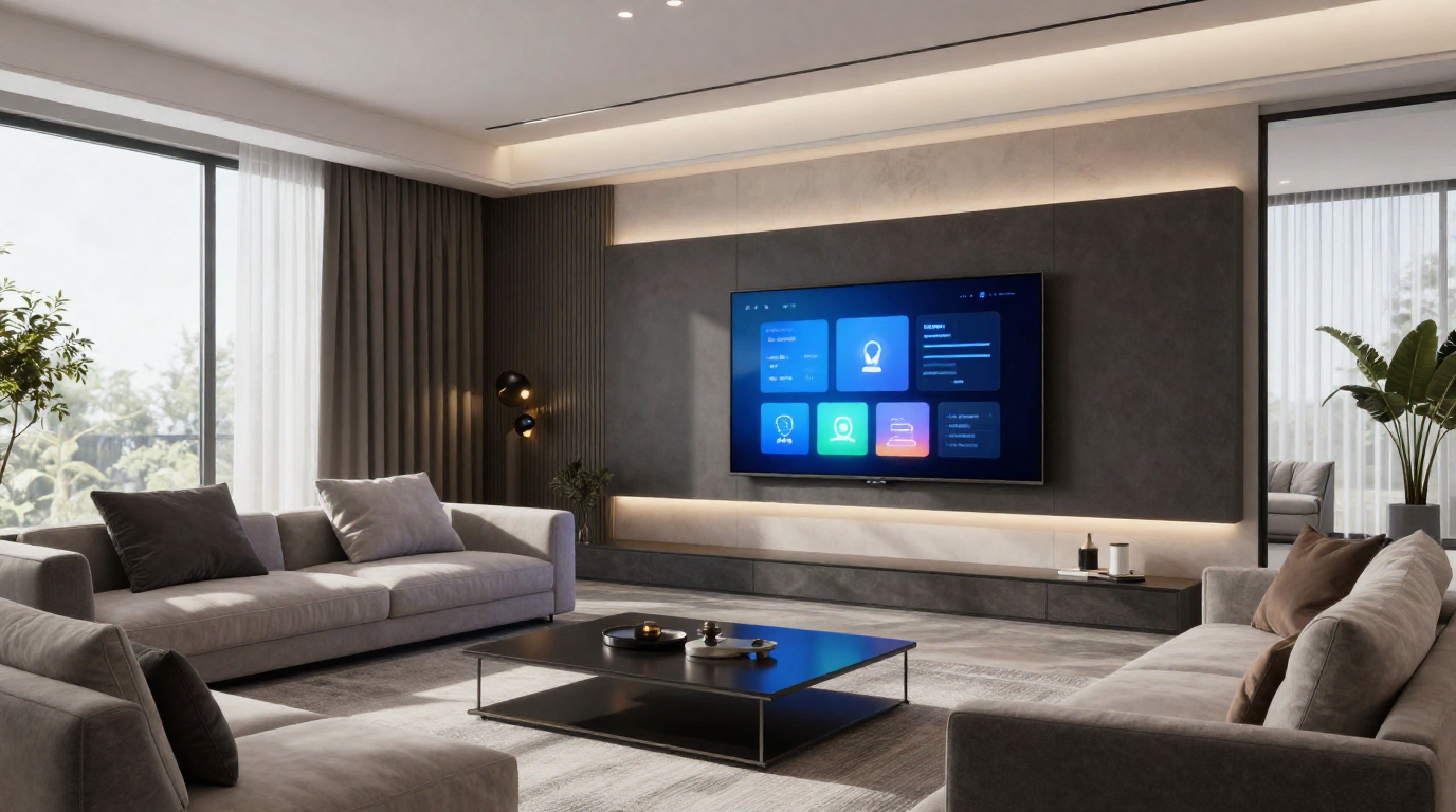 A sleek modern living room with hidden smart home technology, integrated lighting, and minimalist furniture design.
