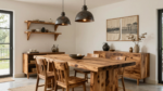 A sustainable home interior featuring reclaimed wood furniture, recycled metal light fixtures, and eco-friendly textiles.