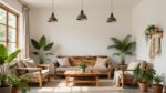 A sustainable home interior featuring reclaimed wood furniture, recycled metal light fixtures, and eco-friendly textiles. (1)