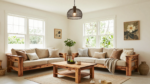 A sustainable home interior featuring reclaimed wood furniture, recycled metal light fixtures, and eco-friendly textiles. (2)
