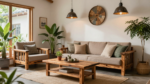 A sustainable home interior featuring reclaimed wood furniture, recycled metal light fixtures, and eco-friendly textiles. (3)
