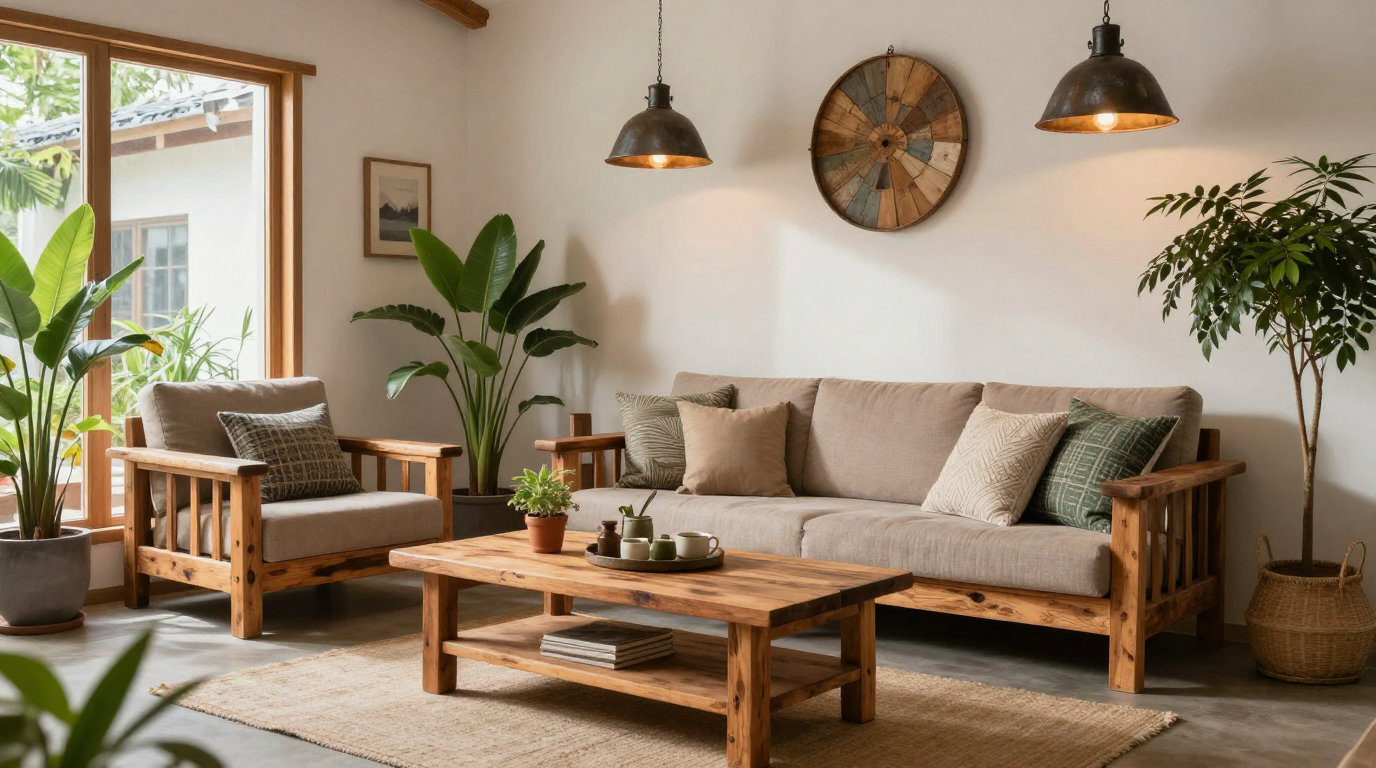 A sustainable home interior featuring reclaimed wood furniture, recycled metal light fixtures, and eco-friendly textiles.