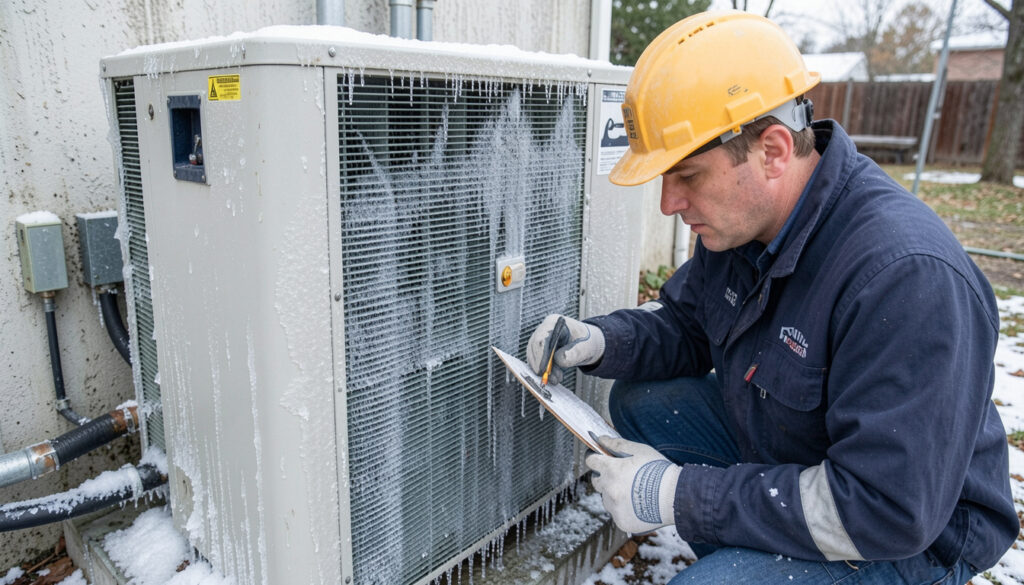 A technician inspecting a heat pump unit showing signs of ice buildup