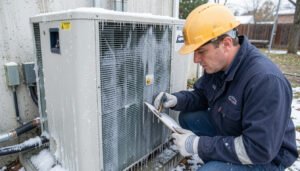 A technician inspecting a heat pump unit showing signs of ice buildup