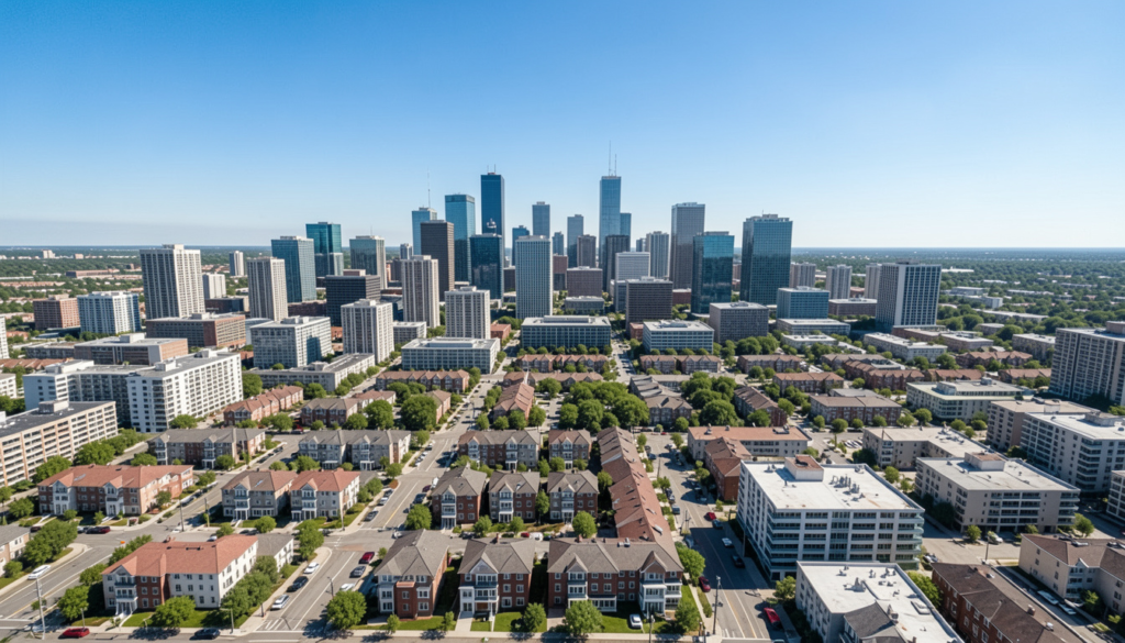 Aerial view of a thriving city skyline with residential and commercial properties, representing real estate investment opportunities