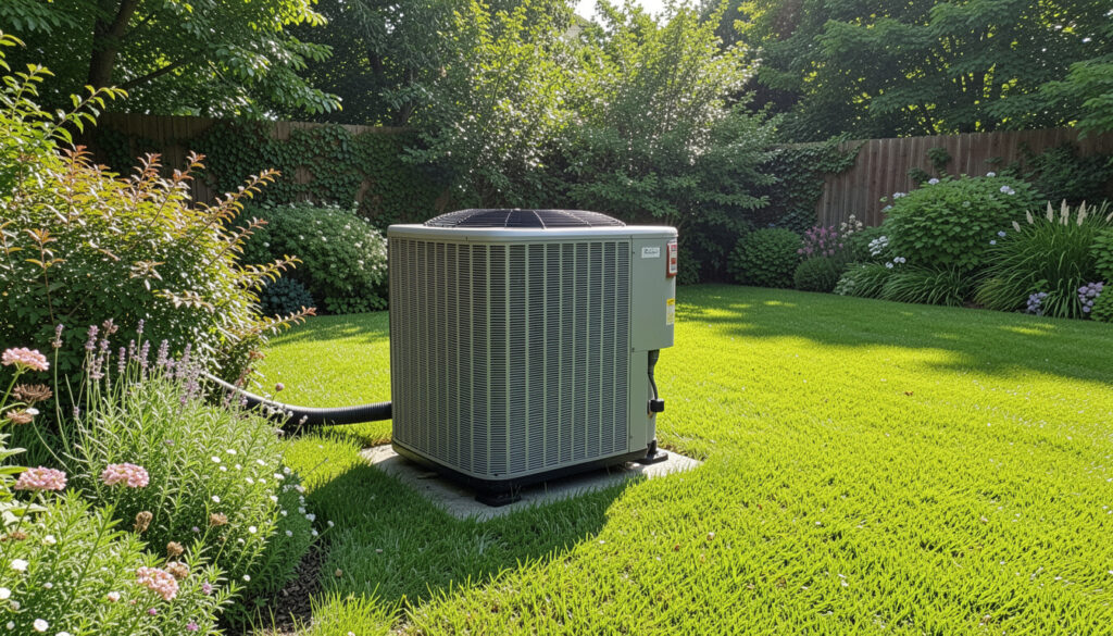  An outdoor heat pump unit in a well-maintained yard setting