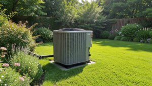 An outdoor heat pump unit in a well-maintained yard setting