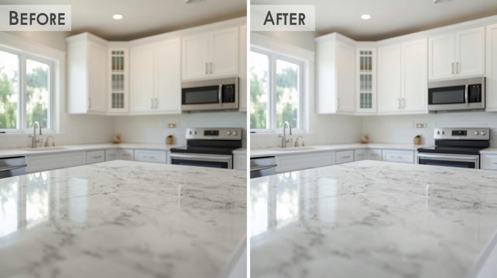 Before and after comparison of a deep-cleaned kitchen showing sparkling benchtops and appliances