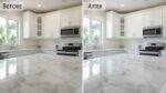 Before and after comparison of a deep-cleaned kitchen showing sparkling benchtops and appliances