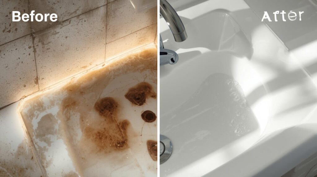 Before and after image showing the effectiveness of natural cleaners on stubborn bathroom stains