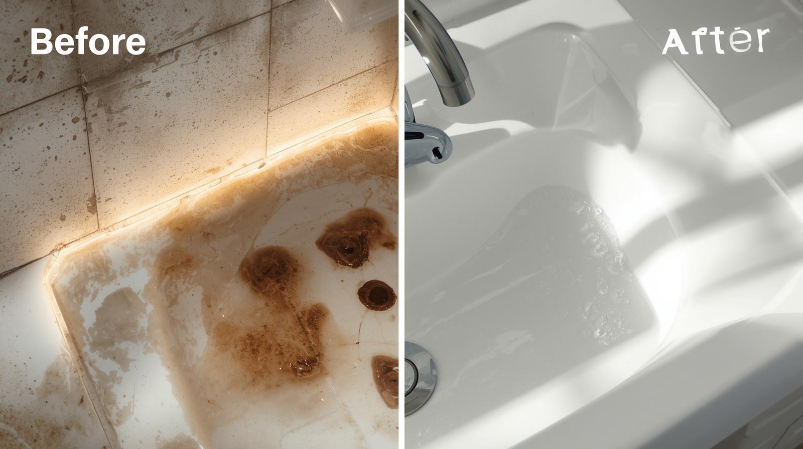 Before and after image showing the effectiveness of natural cleaners on stubborn bathroom stains