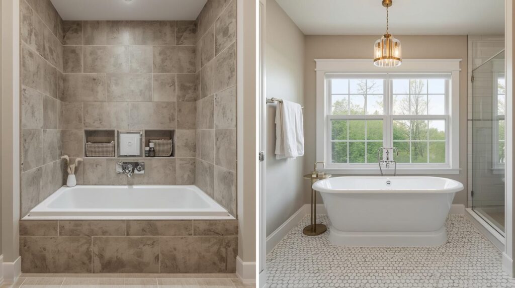 Before and after split image showing bathroom transformation from standard alcove bath to freestanding tub centrepiece
