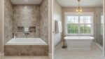 Before and after split image showing bathroom transformation from standard alcove bath to freestanding tub centrepiece