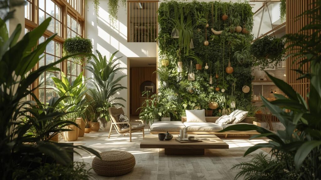 Biophilic interior design with indoor greenery.
