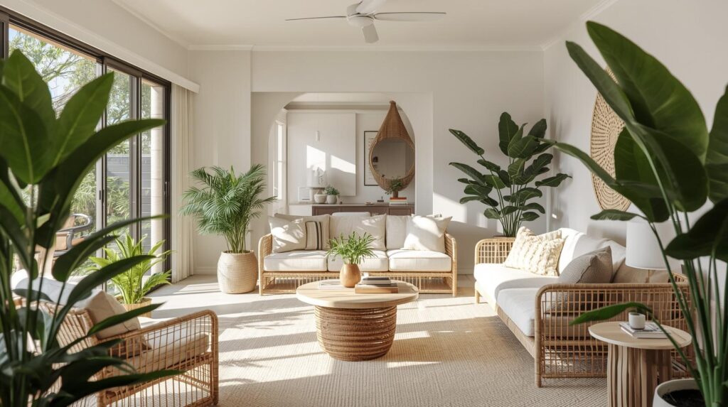 Bright contemporary Australian living room showcasing multiple trending design elements including rattan, linen and greenery