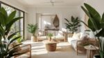 Bright contemporary Australian living room showcasing multiple trending design elements including rattan, linen and greenery