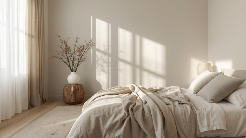Calm minimalist bedroom with soft lighting.