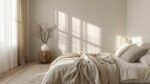 Calm minimalist bedroom with soft lighting.