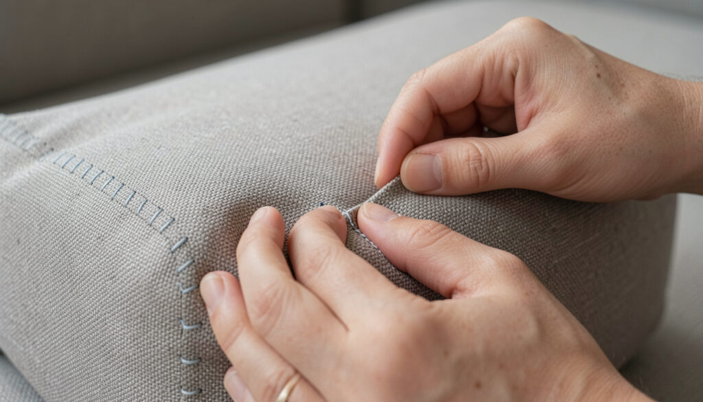 Close-up of hands testing the fabric and stitching quality of a sofa cushion