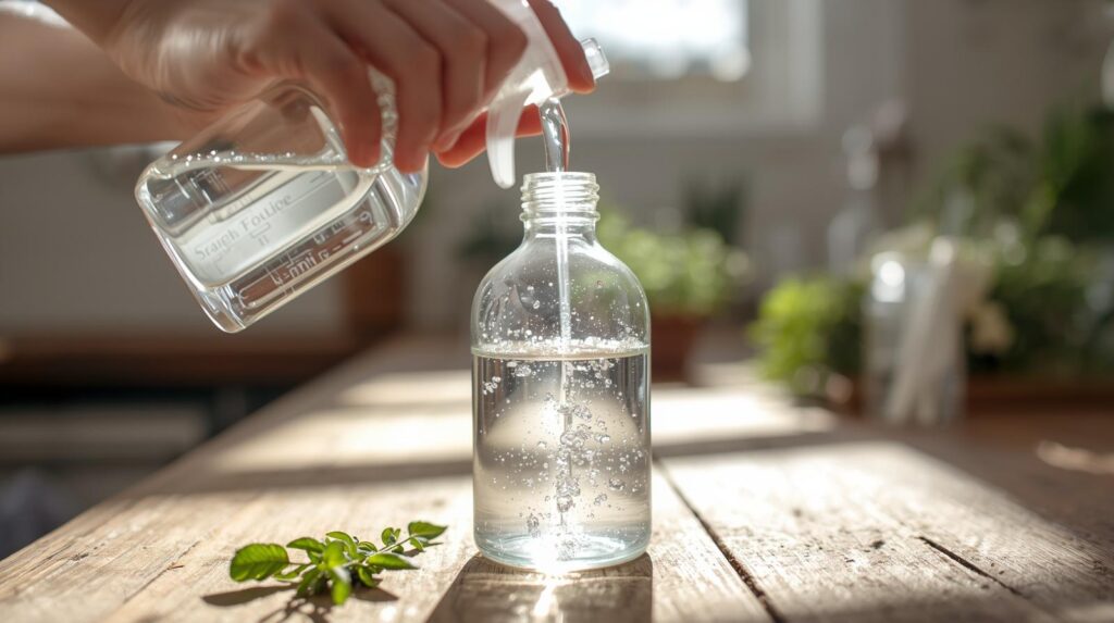 Close-up of someone preparing a natural cleaning solution in a spray bottle