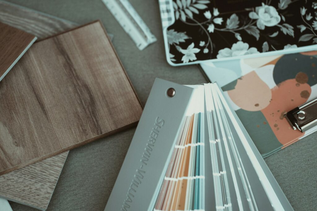Color palette samples and design materials.
