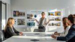 Commercial interior designer presenting workplace design concept boards to Australian business clients
