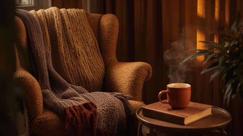 Cozy reading corner with warm tones.