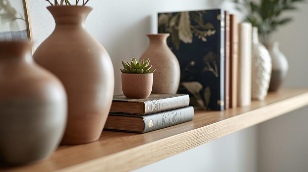 Decorative accessories arranged on a stylish shelf.