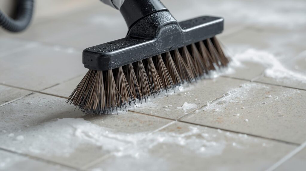 Detailed shot of a professional deep cleaning a bathroom tile with a scrub brush
